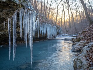 Frozen creek winding through a forest with sparkling icicles hanging from branches, Generative AI