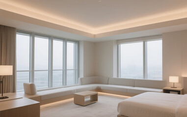 Modern hotel interior with large windows, and soft lighting.