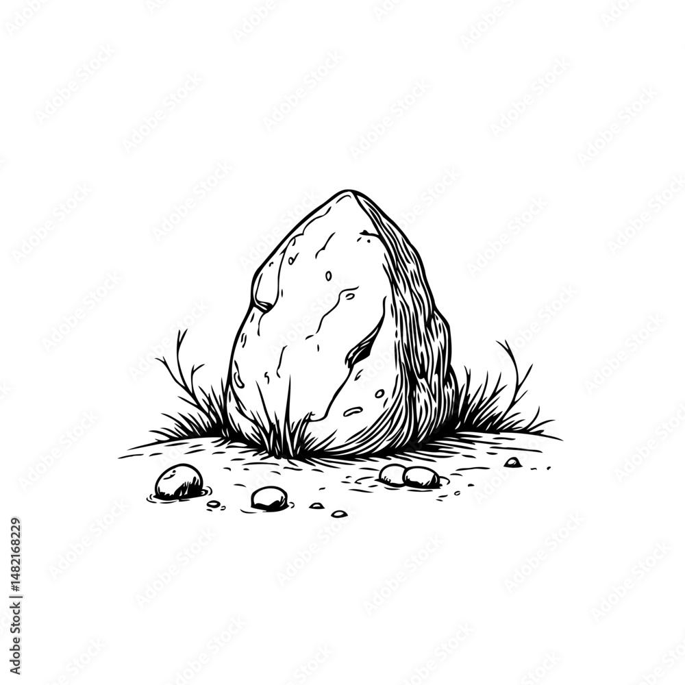Poster monochrome rendering: isolated boulder with naturalistic elements and subtle details