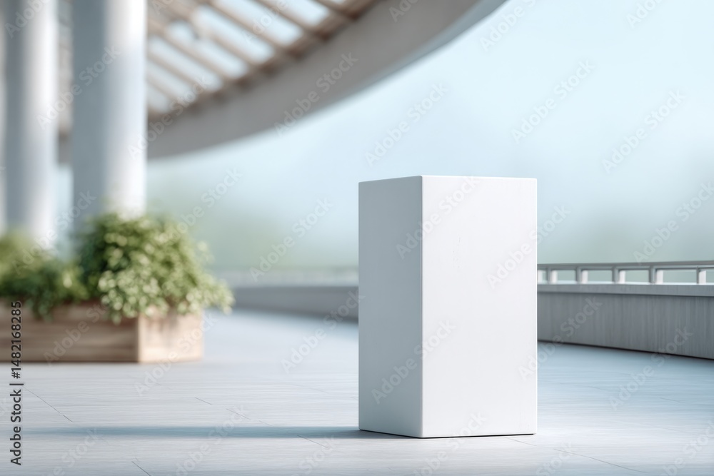 Poster sleek podium stands under minimalist frame with subtle blurred figures in background
