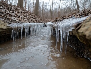 Frozen creek winding through a forest with sparkling icicles hanging from branches, Generative AI