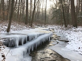 Frozen creek winding through a forest with sparkling icicles hanging from branches, Generative AI