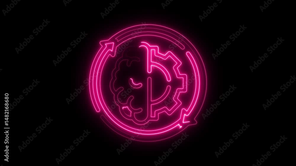 Poster neon brain gear and arrow loop illustrating process and ideas