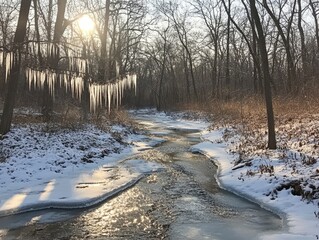 Frozen creek winding through a forest with sparkling icicles hanging from branches, Generative AI
