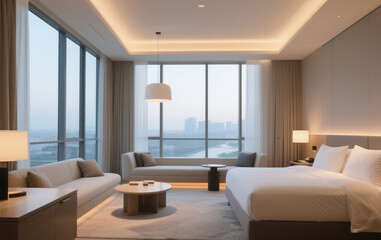 Modern hotel interior with large windows, and soft lighting.