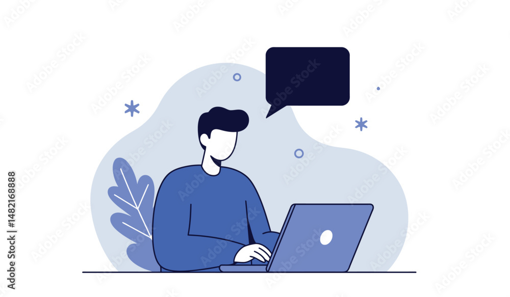Poster digital communication and online messaging with laptop and speech bubble