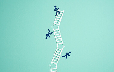Ladders fall with people. Concept of business or agreement collapse. Mission failure, group...