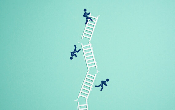 Ladders fall with people. Concept of business or agreement collapse. Mission failure, group collapse and disintegration. Unfair competition hurts business. Organizational failure, competitive sabotage