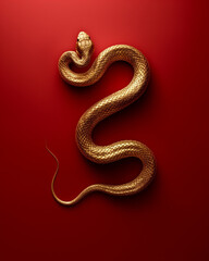 Obraz premium A beautiful golden snake, perfectly posed against a bold red background in a studio setting. Generative AI