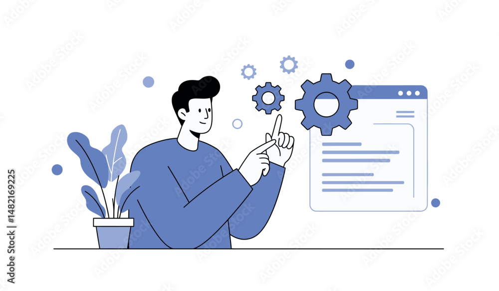 Poster technology and innovation concept with man and gears for website design