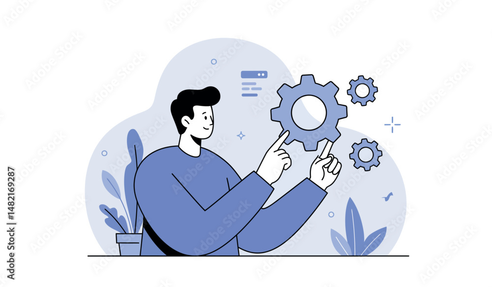 Poster man engaging with gears for technology and innovation conceptual design