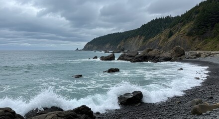 Rocky shoreline landscape reflecting coastal beauty and natural serenity, with waves crashing on the beach