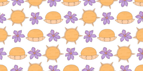 Cute hand drawn pardulas with saffron flowers traditional sardinian dessert food horizontal seamless vector pattern illustration on white background