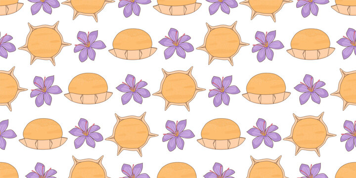 Cute hand drawn pardulas with saffron flowers traditional sardinian dessert food horizontal seamless vector pattern illustration on white background