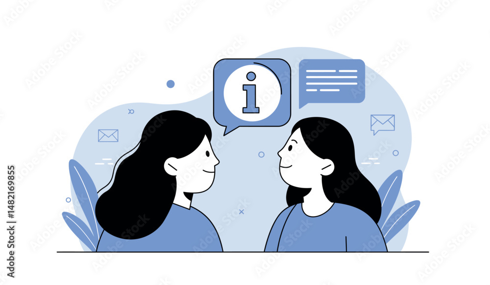 Poster two women engaging in conversation with informational icons for communication and networking