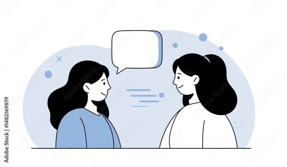 Poster illustration of two characters having a conversation with speech bubble for communication concept