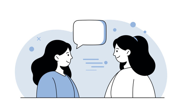 Illustration of two characters having a conversation with speech bubble for communication concept