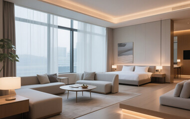 Fototapeta premium Modern hotel interior with large windows, and soft lighting.