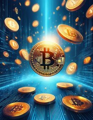 Fliegende goldene Bitcoin-Münzen auf einem abstrakten blauen Technologie-Hintergrund