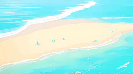 White beach sand meeting vibrant turquoise water with white breaking waves. Stylized birds are scattered across the sunny shore, creating a serene, tropical coastline scene seen from above.
