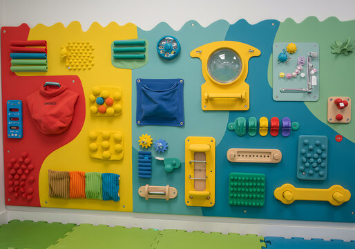 Colorful sensory wall panel with interactive elements for education