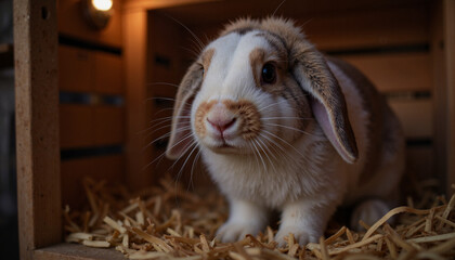Curious rabbit exploring cozy hutch at twilight, gentle ambiance