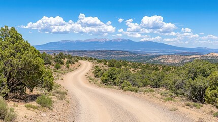 Fototapeta premium Winding Road to Horizon: An inviting dirt road, gracefully curves towards a distant mountain range beneath a bright blue sky dotted with fluffy clouds, beckoning adventure and exploration.