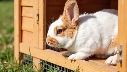 Fluffy white and brown rabbit exploring hutch at midday, curiosity