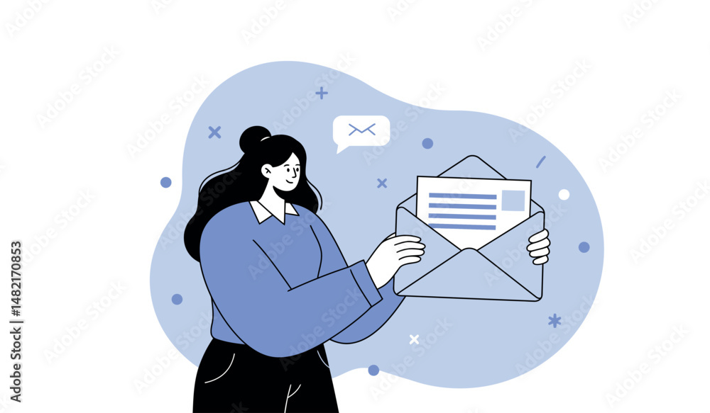 Poster modern communication concept: woman sending email for digital correspondence and networking