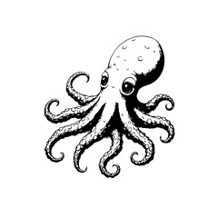 Monochrome Octopus Illustration with Intricate Tentacles and Engaging Eyes Design