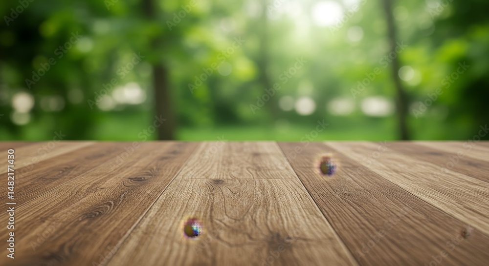 Poster realistic empty wooden table with green bokeh background