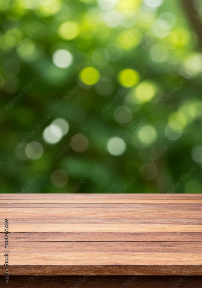 Poster realistic empty wooden table with green bokeh background