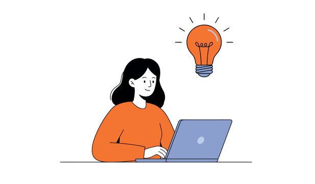 Person using laptop with creative idea concept and light bulb symbol