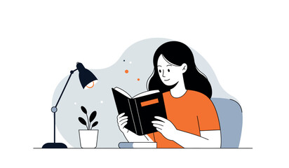 Woman reading book at desk with lamp and plant, relaxation and learning concept