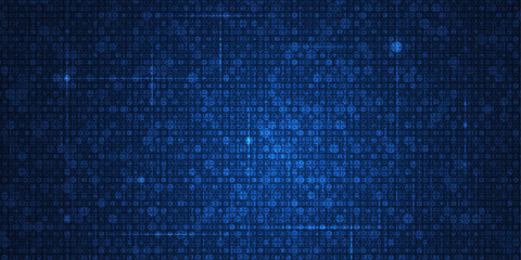 Vector Illustration design. Blue matrix binary datum code, grid pixel pattern background. 0 and 1 numbers of program code. Digital data futuristic technology, computer software programming concept