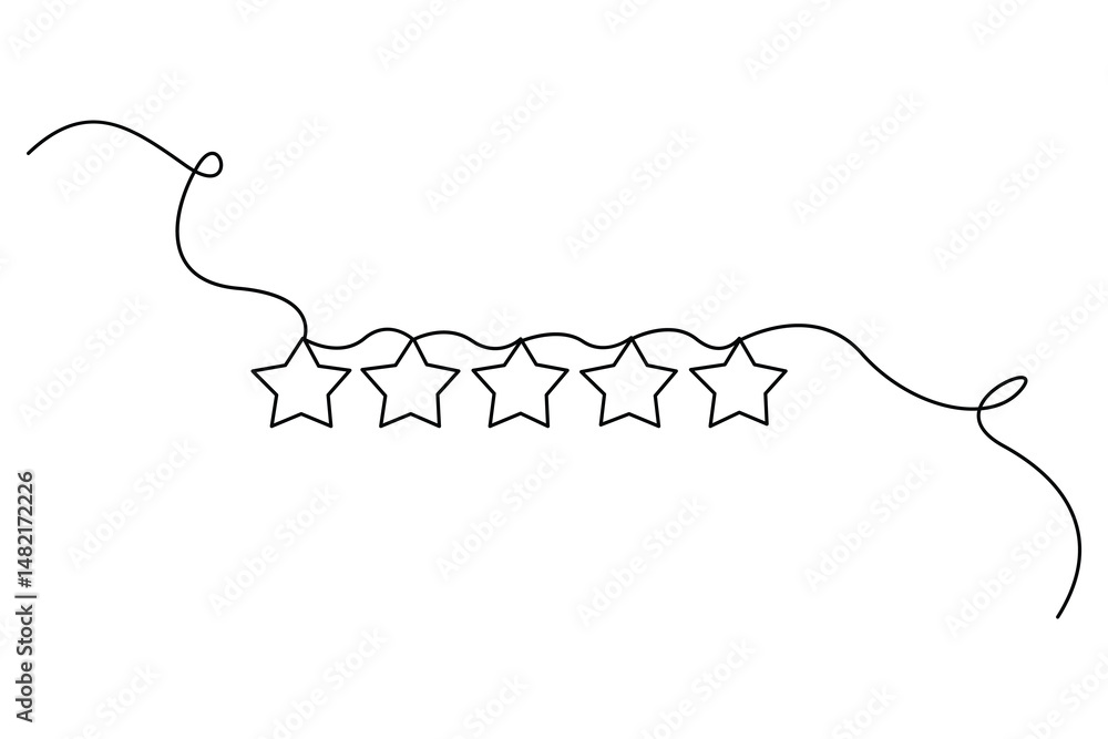 Poster continuous one line drawing of five star rating concept of rating service and customer reviews vecto