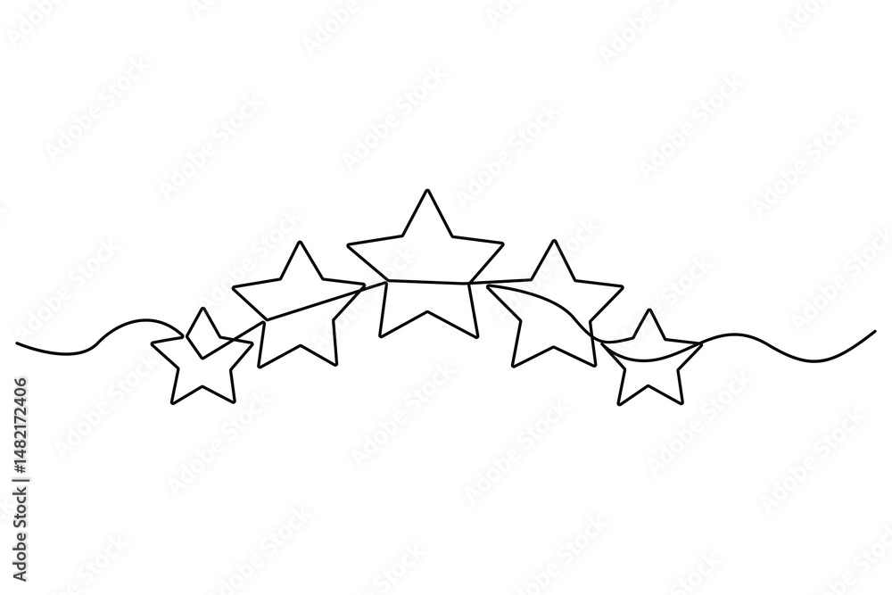 Poster continuous one line drawing of five star rating concept of rating service and customer reviews vecto