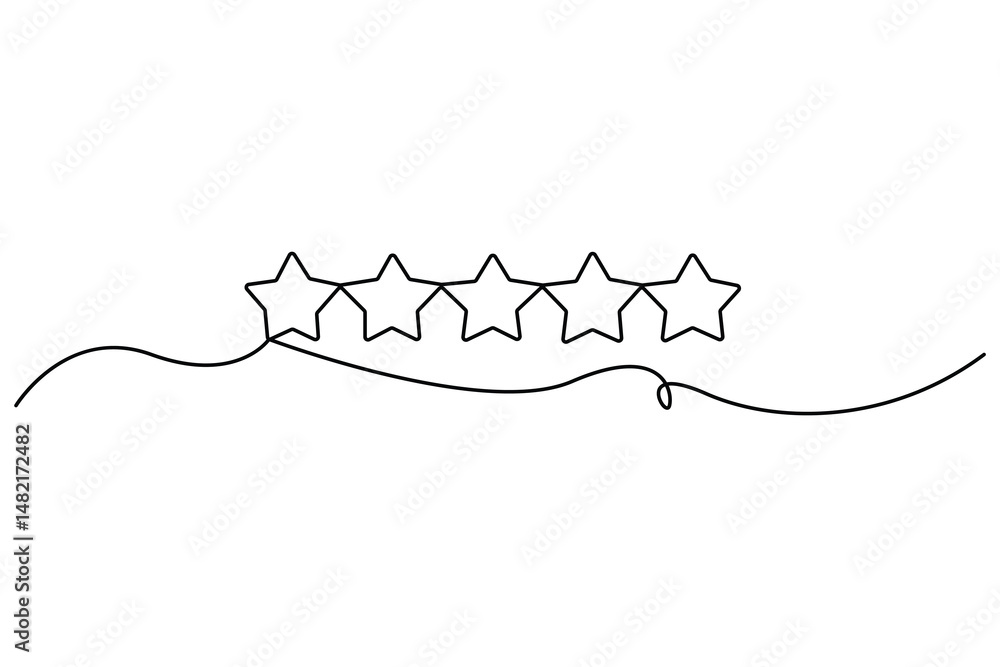 Poster continuous one line drawing of five star rating concept of rating service and customer reviews vecto