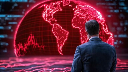 A lone trader stands on the stock market floor, bathed in the eerie red glow of crashing graphs on the screen. A businessman observing a digital world map in red glowing lines. - Powered by Adobe