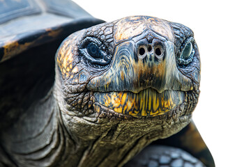 Close-up of a large tortoise showcasing its intricate shell and textured skin.