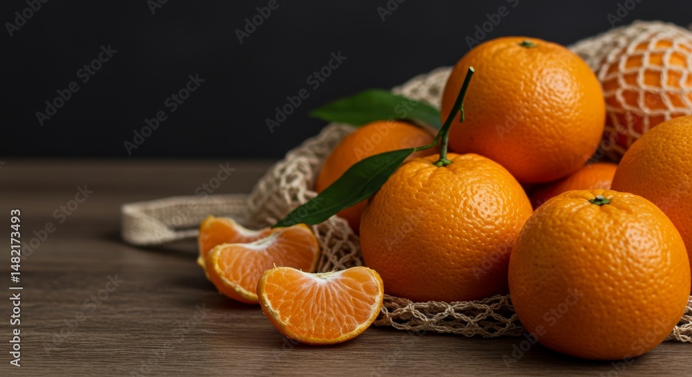Poster realistic ripe tangerines in a string bag on wood table
