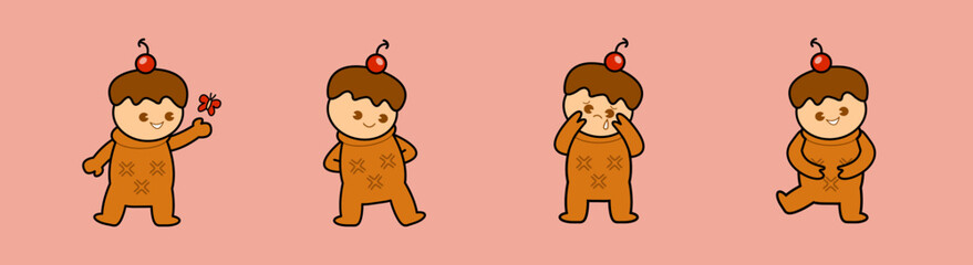 Retro style cute ice cream cartoon character set. Cone as the body, vanilla ice cream as the head, chocolate & cherry topping, with various expressions: playing, flirting, crying, and cheerful.