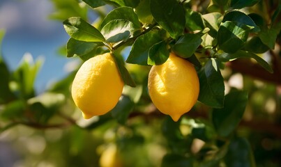closeup image of sorrento lemons on a tree, Generative AI