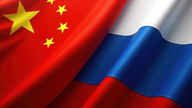 The flags of china and russia are displayed together in a close up shot with vibrant colors