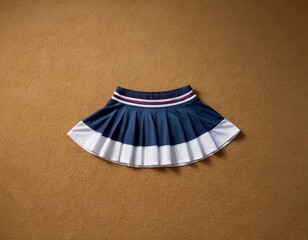 Stylish navy blue and white pleated skirt on a textured beige background.