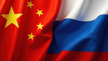 The flags of china and russia are displayed together in a close up shot with vibrant colors