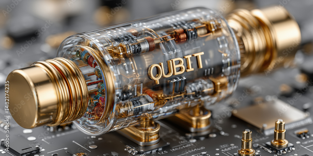 Poster qubit on quantum computer with gold futuristic technology on circuit board, quantum computing concep