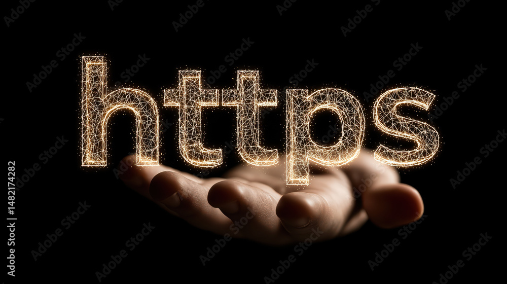 Poster https security internet and technology concept with glowing text floating above open hand