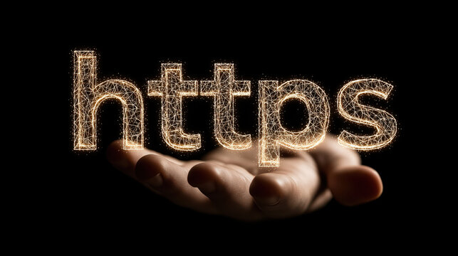 Https security internet and technology concept with glowing text floating above open hand