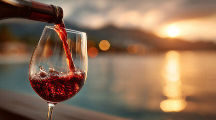 Pouring red beverage into wineglass with lake backdrop gives sense of peace and luxury. perfect end to day with golden light reflecting on calm water